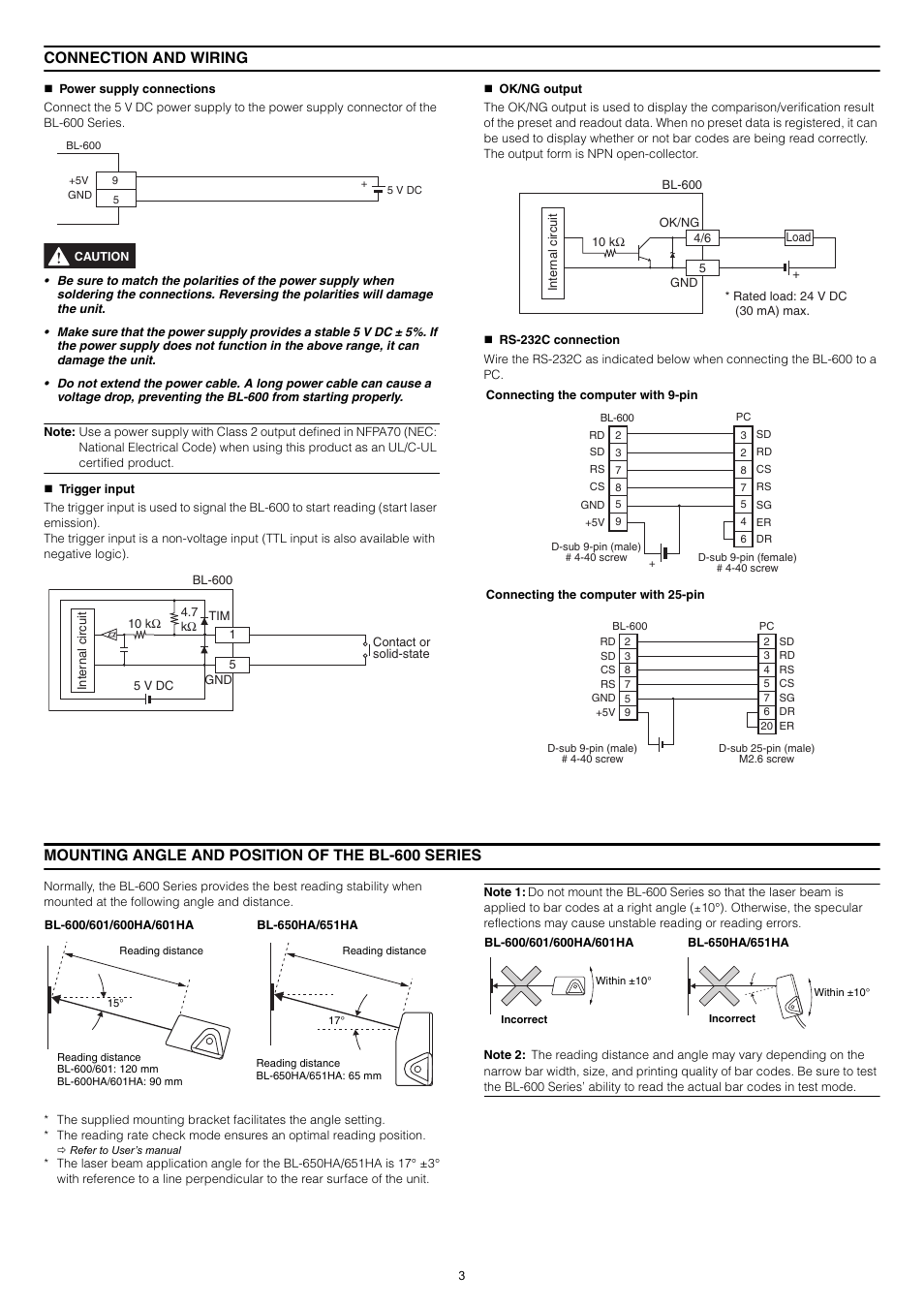 Mounting angle and position of the bl-600 series, Connection and wiring | KEYENCE BL-600 Series User Manual | Page 3 / 6