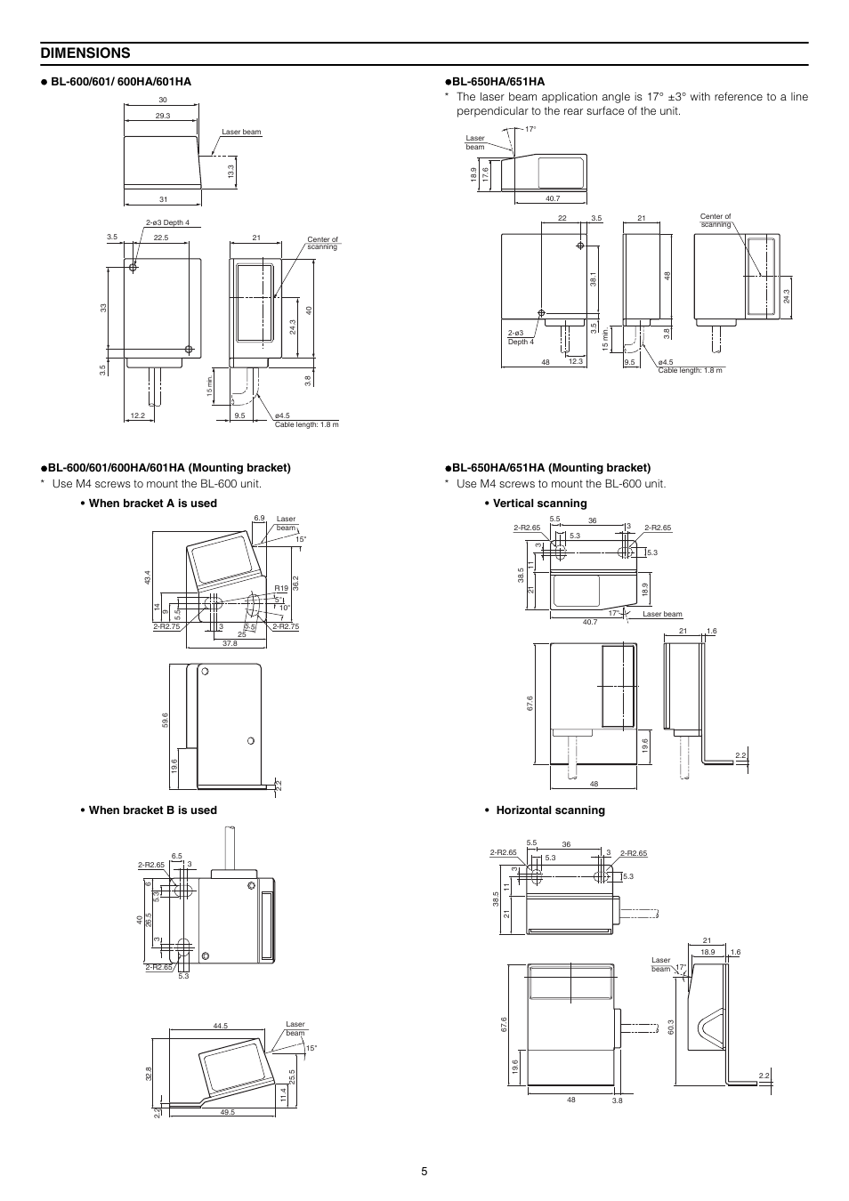 Dimensions, When bracket a is used • when bracket b is used, Vertical scanning • horizontal scanning | KEYENCE BL-600 Series User Manual | Page 5 / 6