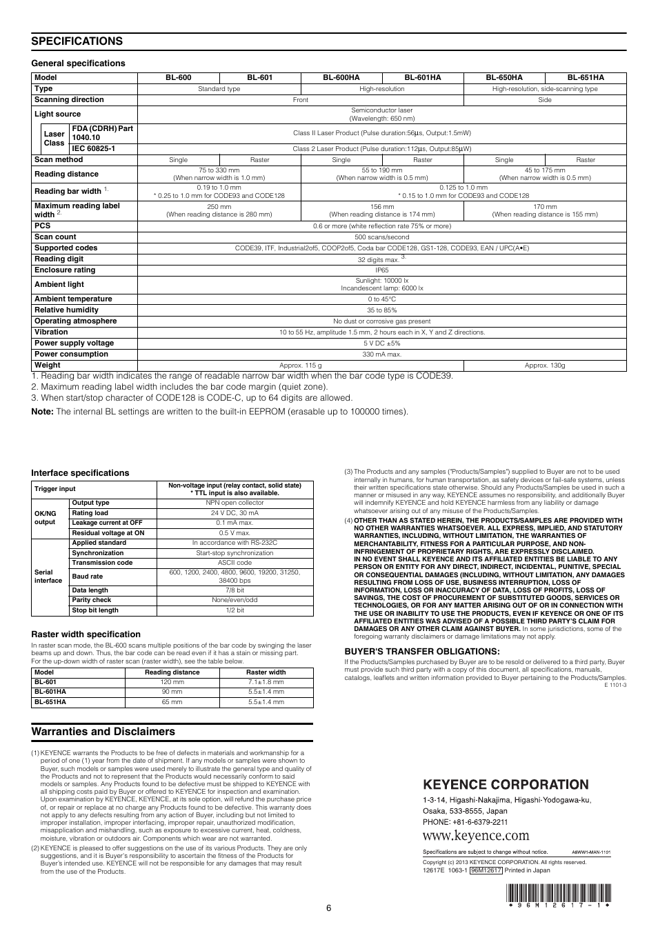 Specifications, Warranties and disclaimers | KEYENCE BL-600 Series User Manual | Page 6 / 6