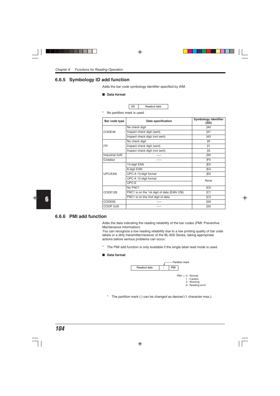 5 symbology id add function, 6 pmi add function | KEYENCE BL-600 Series User Manual | Page 114 / 192
