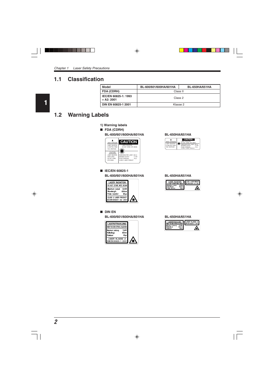 1 classification, 2 warning labels | KEYENCE BL-600 Series User Manual | Page 12 / 192