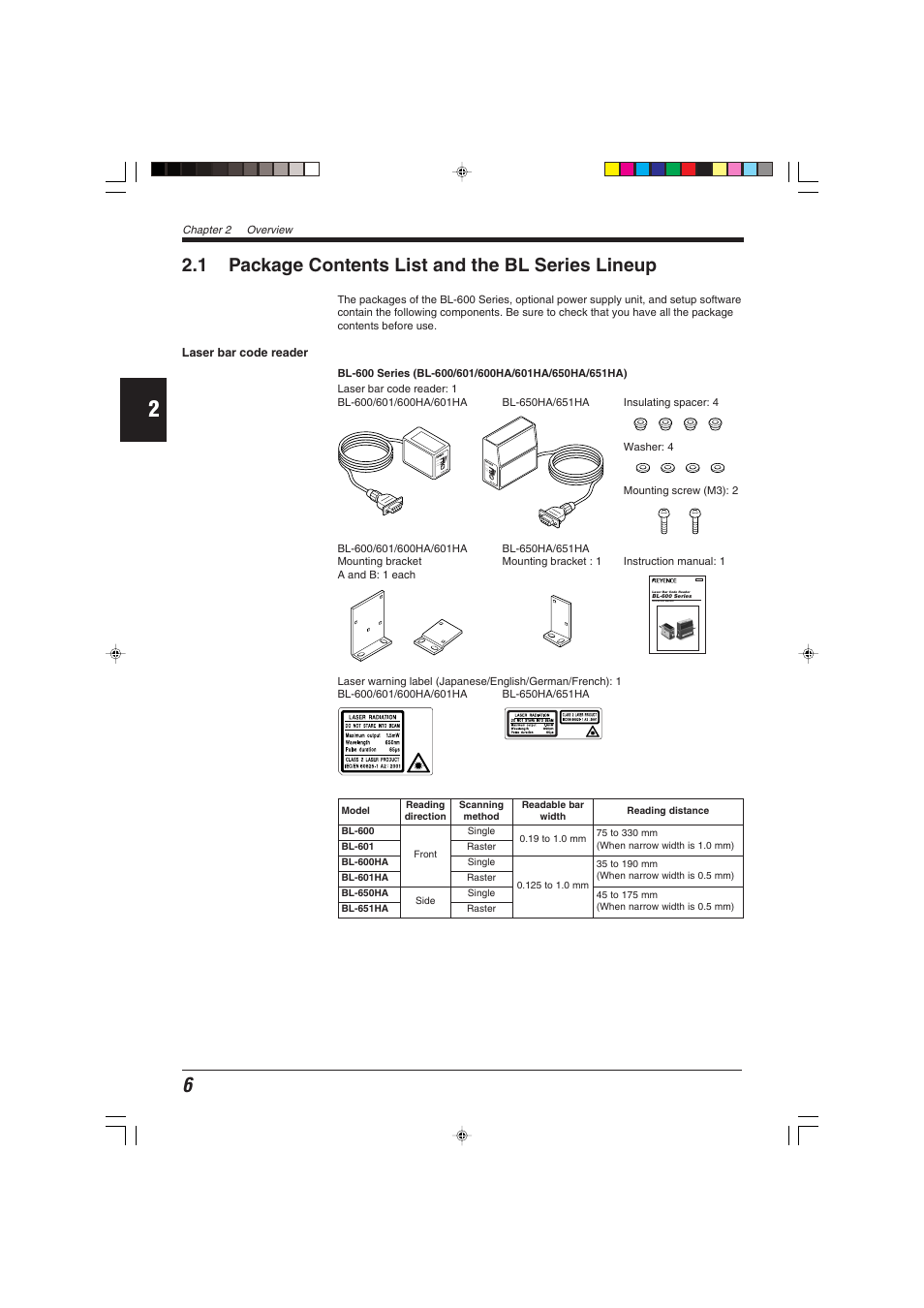1 package contents list and the bl series lineup | KEYENCE BL-600 Series User Manual | Page 16 / 192
