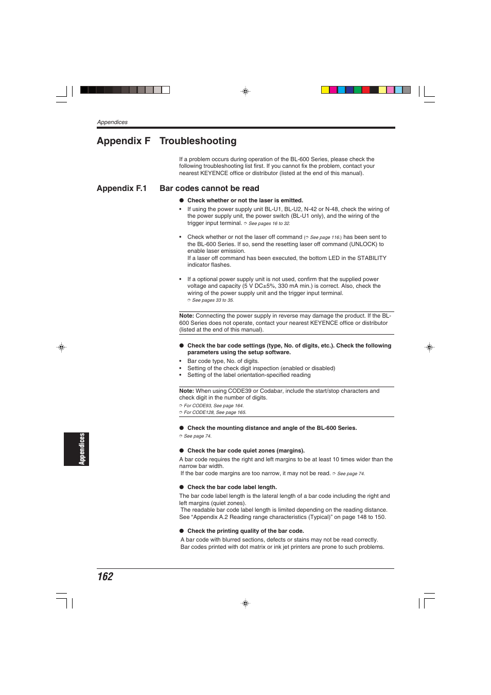 Appendix f troubleshooting, Appendix f.1 bar codes cannot be read | KEYENCE BL-600 Series User Manual | Page 172 / 192