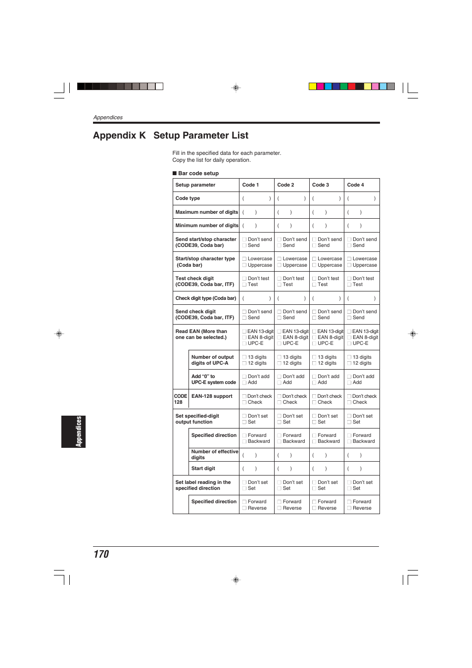 Appendix k setup parameter list | KEYENCE BL-600 Series User Manual | Page 180 / 192