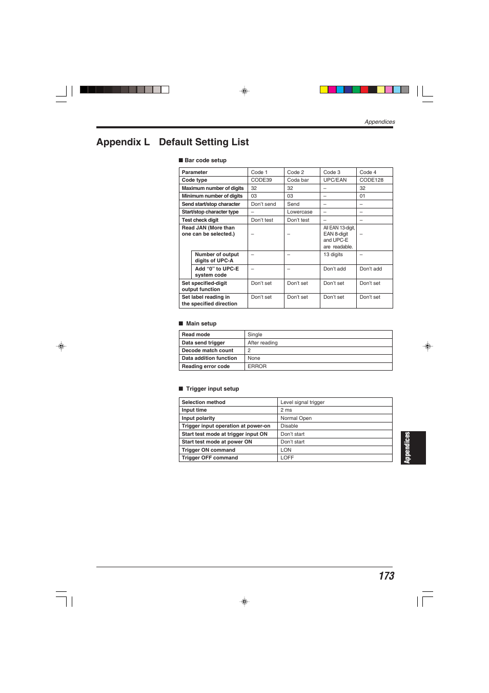 Appendix l default setting list | KEYENCE BL-600 Series User Manual | Page 183 / 192