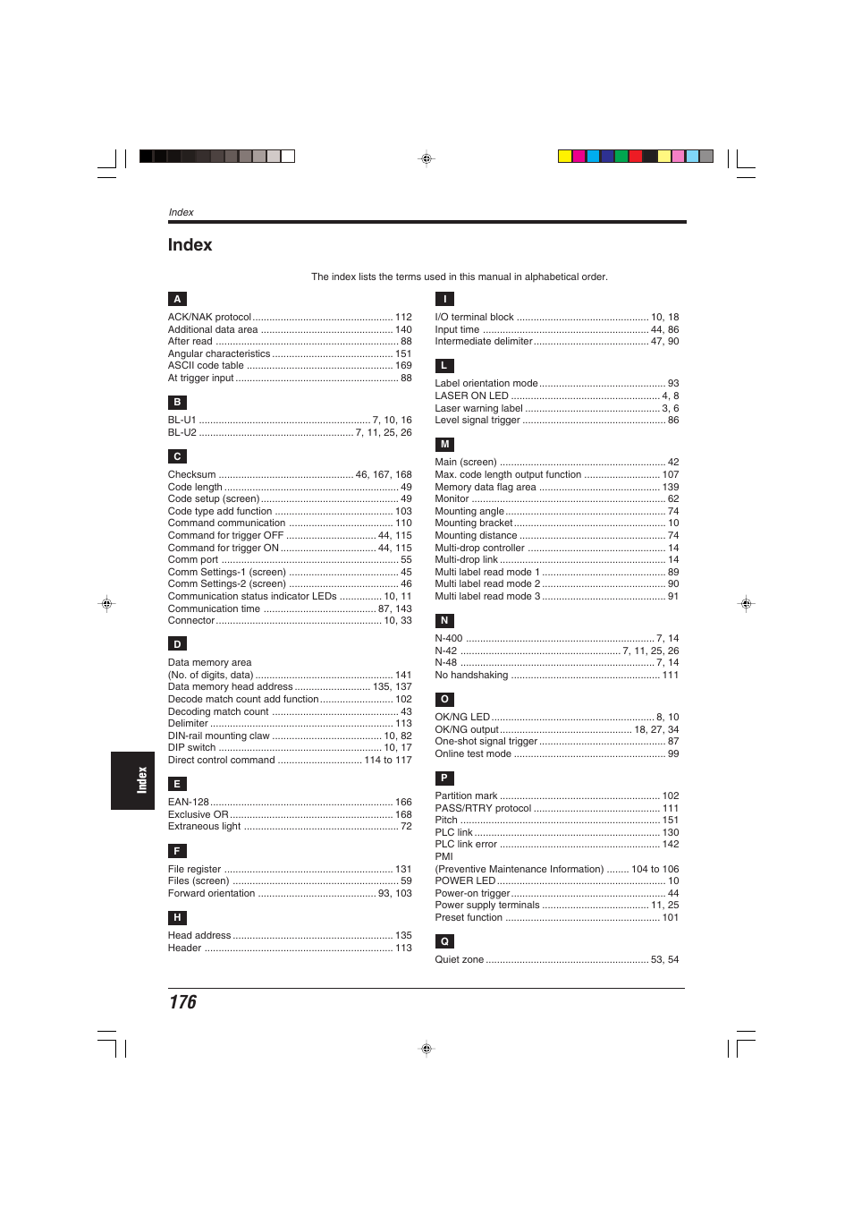 Index | KEYENCE BL-600 Series User Manual | Page 186 / 192