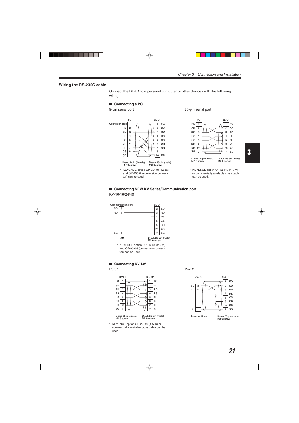Wiring the rs-232c cable, Chapter 3 connection and installation | KEYENCE BL-600 Series User Manual | Page 31 / 192