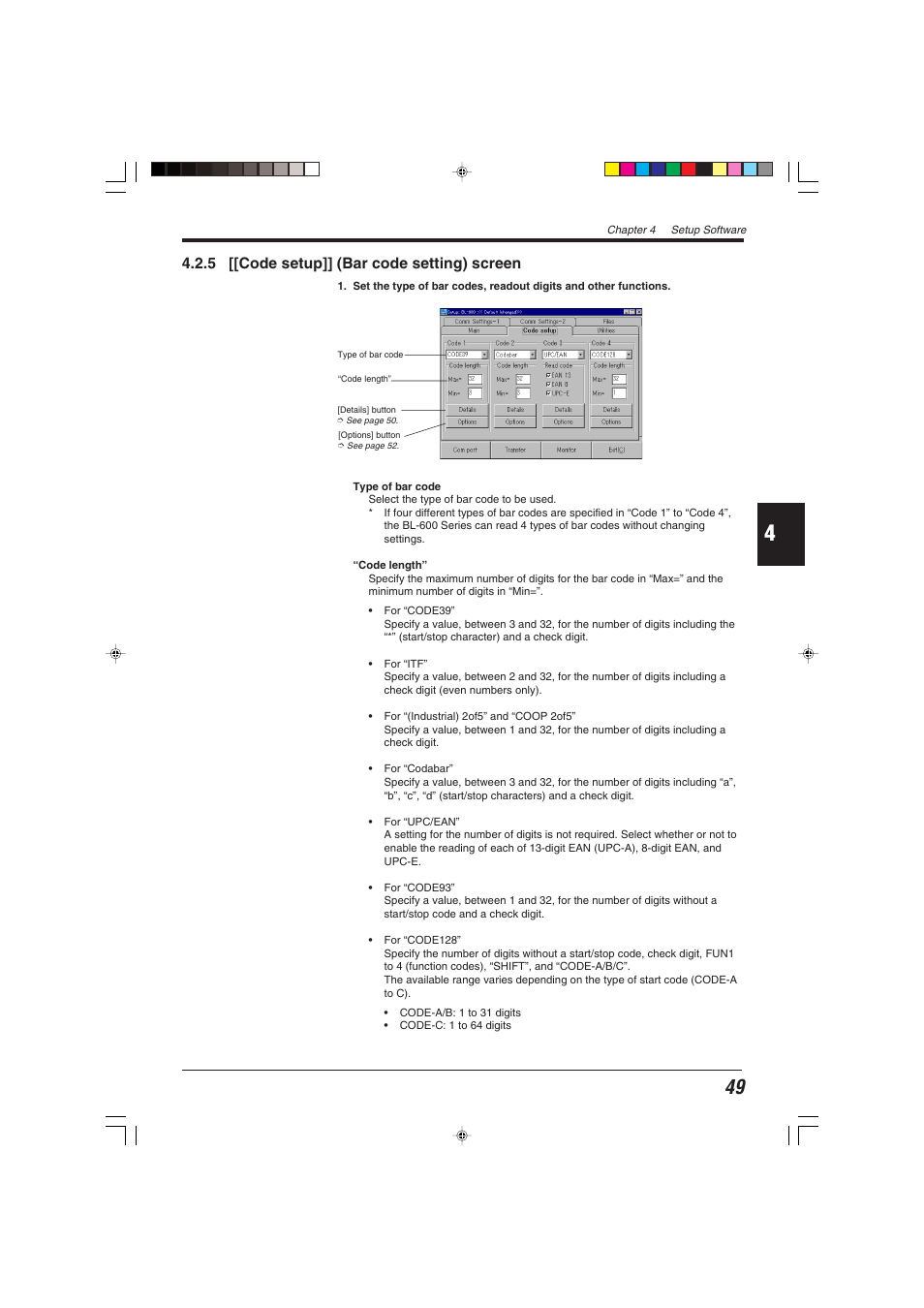 5 [[code setup]] (bar code setting) screen | KEYENCE BL-600 Series User Manual | Page 59 / 192