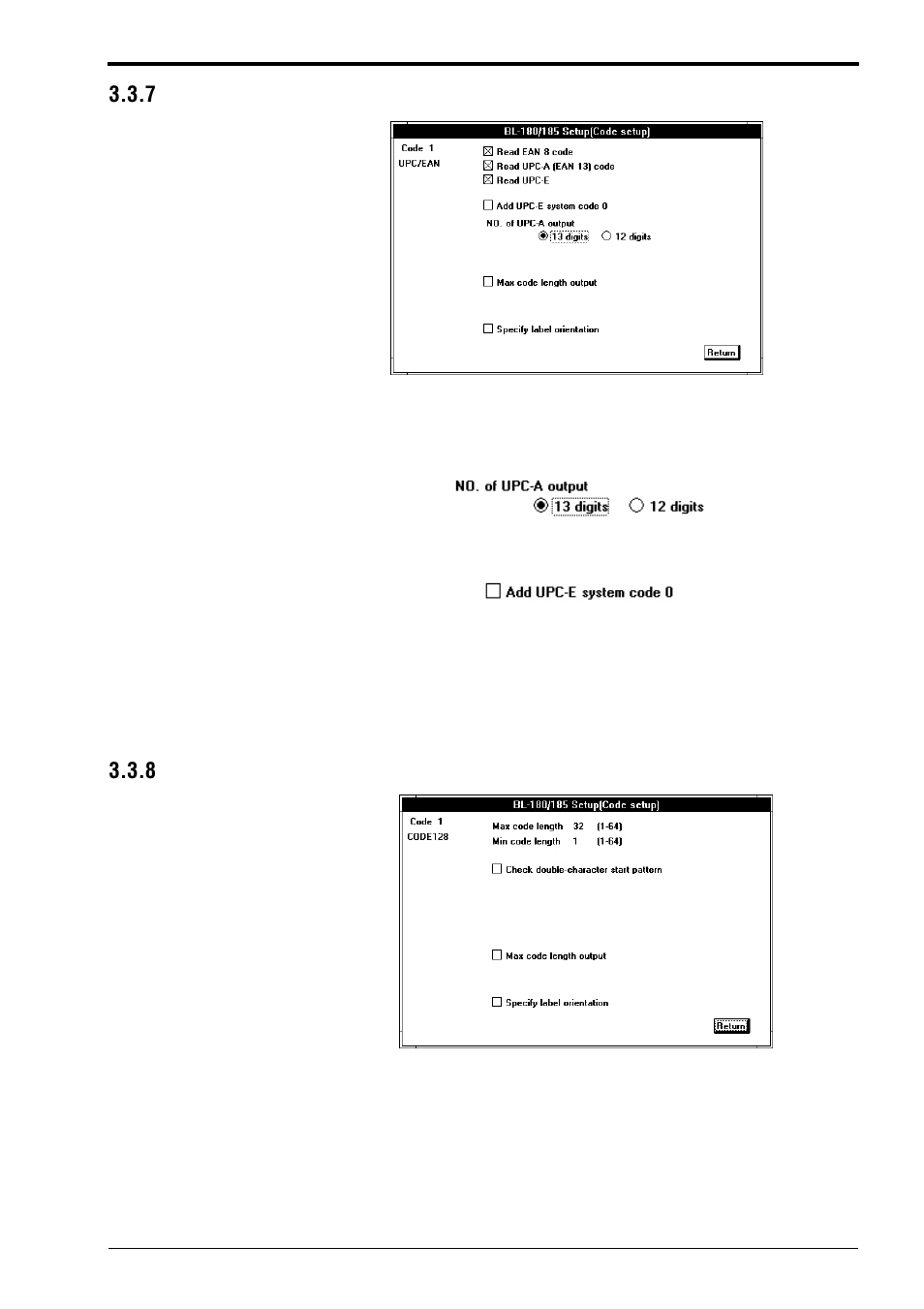 7 upc/ean setup, 8 code128 setup, 3 setup software operating procedure | KEYENCE BL-180 User Manual | Page 44 / 109