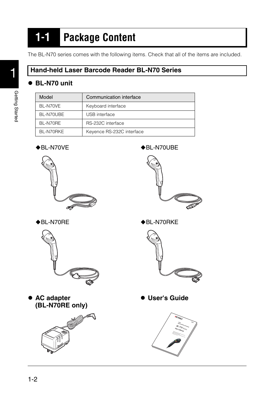 1 package contents, Package contents -2, Package content | Z bl-n70 unit, Bl-n70ve, Bl-n70ube, Bl-n70re, Bl-n70rke | KEYENCE BL-N70 Series User Manual | Page 10 / 72