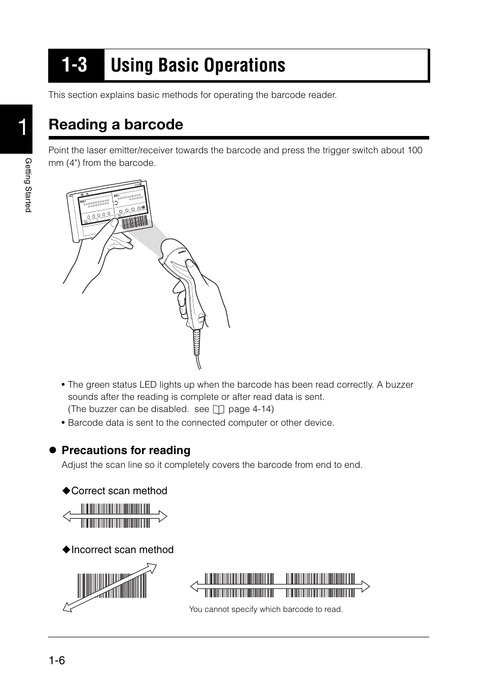 3 using basic operations, Reading a barcode, Using basic operations -6 reading a barcode -6 | Using basic operations -6, Using basic operations | KEYENCE BL-N70 Series User Manual | Page 14 / 72