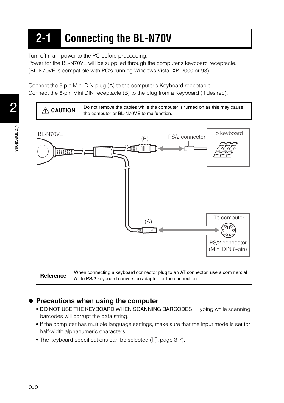 1 connecting the bl-n70ve, Connecting the bl-n70ve -2, Connecting the bl-n70v | KEYENCE BL-N70 Series User Manual | Page 16 / 72