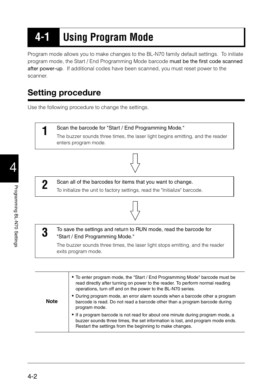 1 using program mode, Setting procedure, Using program mode -2 setting procedure -2 | Using program mode -2, Using program mode | KEYENCE BL-N70 Series User Manual | Page 30 / 72