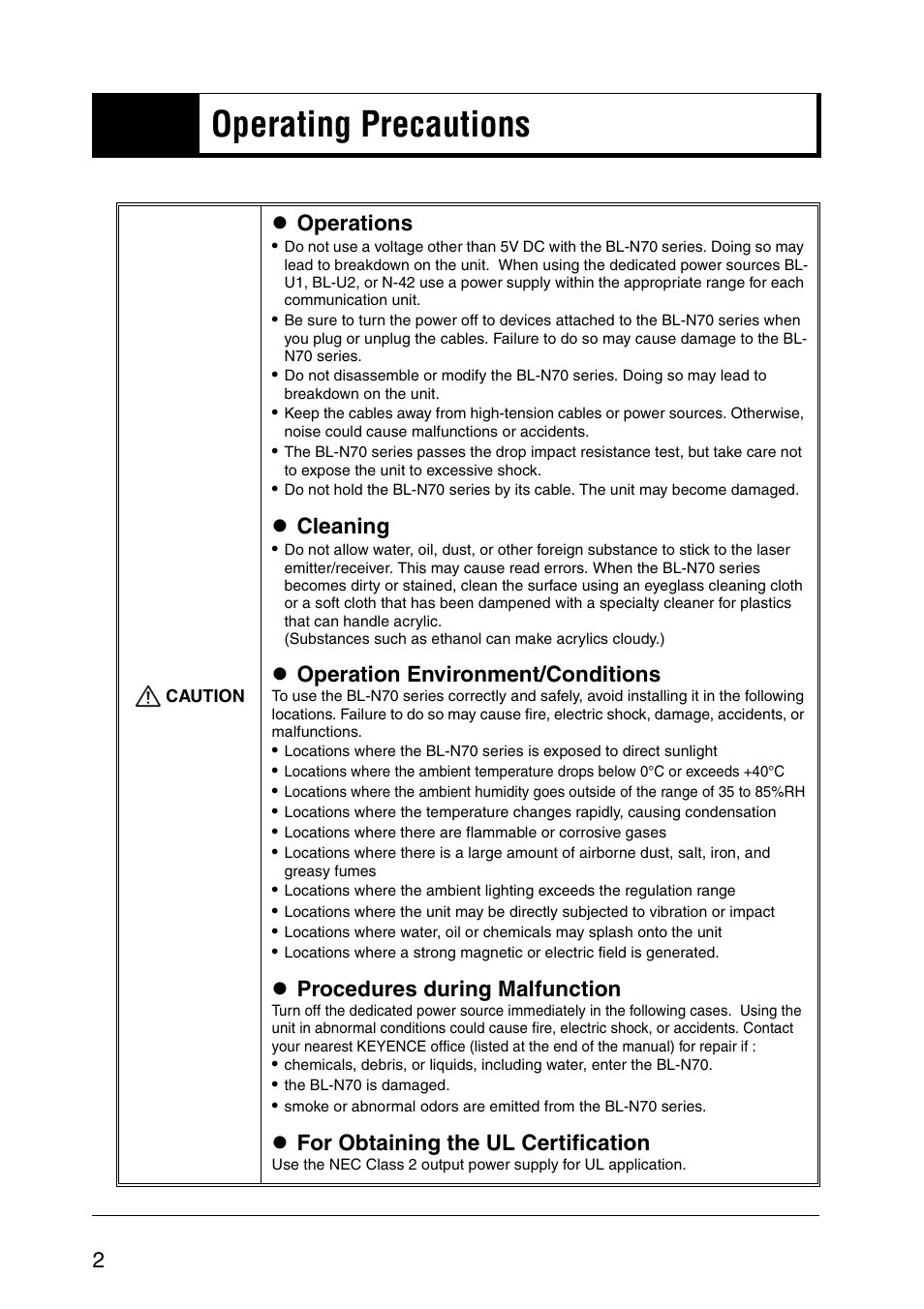 Operating precautions, Z operations, Z cleaning | Z operation environment/conditions, Z procedures during malfunction, Z for obtaining the ul certification | KEYENCE BL-N70 Series User Manual | Page 4 / 72