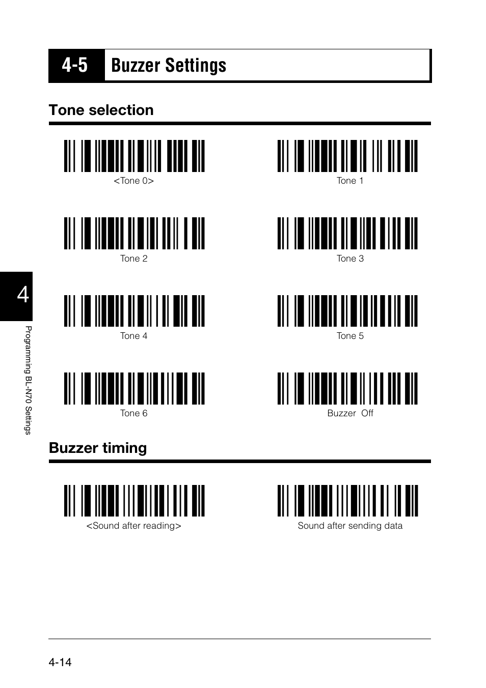 5 buzzer settings, Tone selection, Buzzer timing | Buzzer settings -14, Buzzer settings | KEYENCE BL-N70 Series User Manual | Page 42 / 72