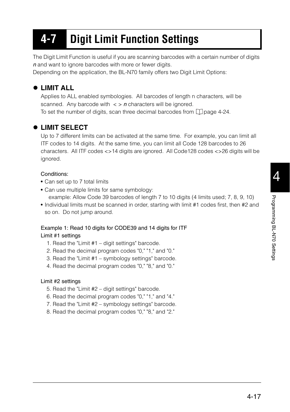 7 digit limit function settings, Digit limit function settings -17, Digit limit function settings | KEYENCE BL-N70 Series User Manual | Page 45 / 72