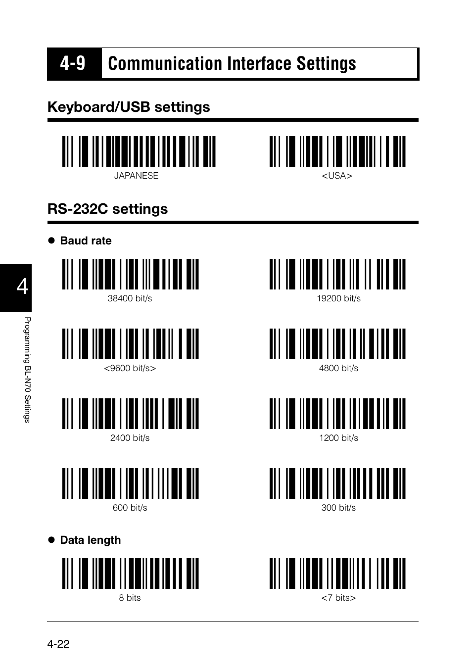 9 communication interface settings, Keyboard/usb settings, Rs-232c settings | Communication interface settings -22, Communication interface settings | KEYENCE BL-N70 Series User Manual | Page 50 / 72