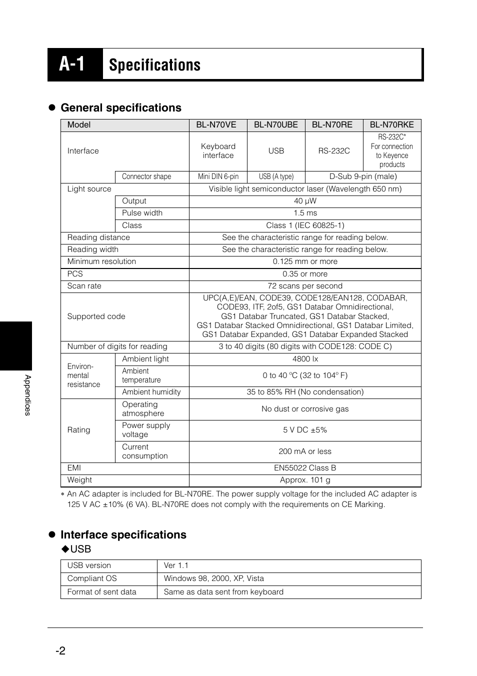 A-1 specifications, Specifications, Z general specifications | Z interface specifications | KEYENCE BL-N70 Series User Manual | Page 56 / 72