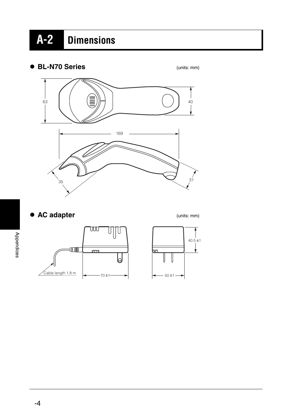 A-2 dimensions, Dimensions, Z bl-n70 series | Z ac adapter | KEYENCE BL-N70 Series User Manual | Page 58 / 72