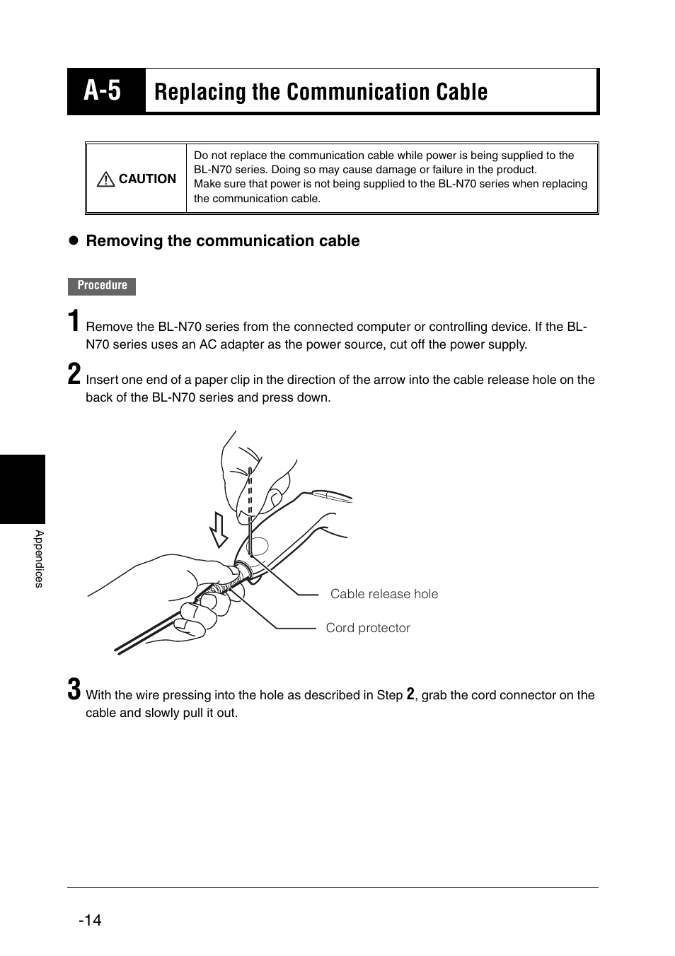 A-5 replacing the communication cable, Replacing the communication cable | KEYENCE BL-N70 Series User Manual | Page 68 / 72