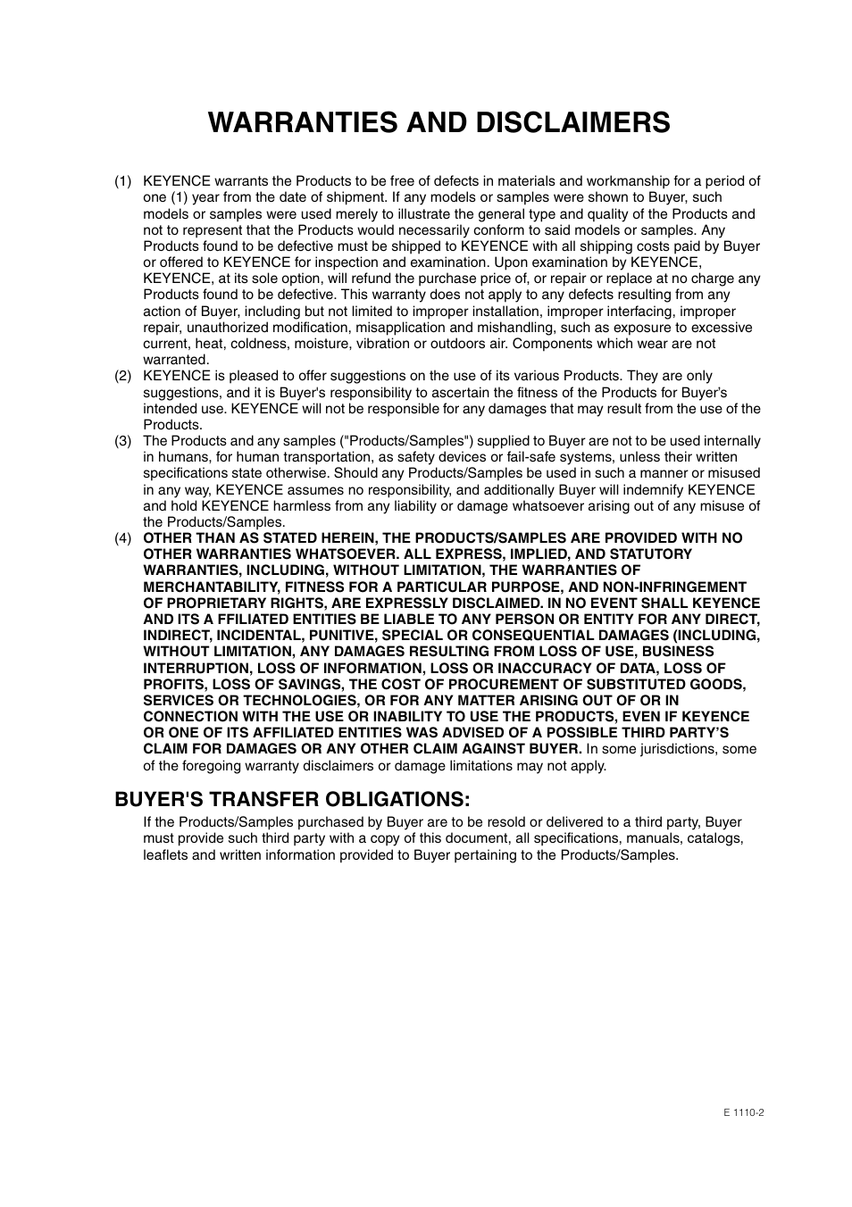 Warranties and disclaimers, Buyer's transfer obligations | KEYENCE BL-N90 Series User Manual | Page 109 / 110