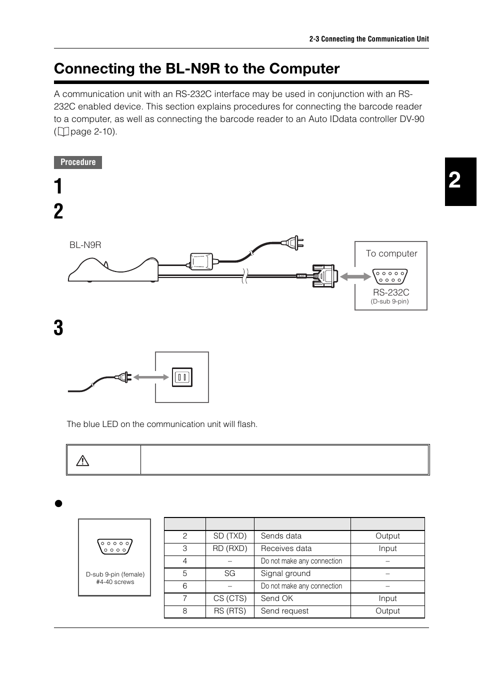 Connecting the bl-n9r to the computer, Connecting the bl-n9r to the computer -9, Rs-232c pin configuration of the bl-n9r | KEYENCE BL-N90 Series User Manual | Page 29 / 110