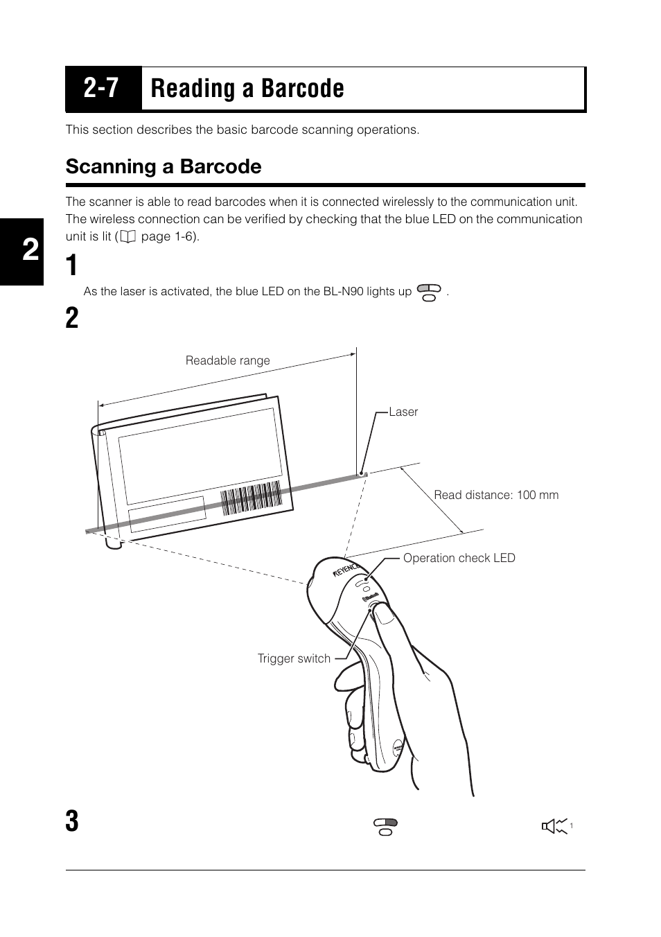 7 reading a barcode, Scanning a barcode, Reading a barcode -16 | Scanning a barcode -16, Reading a barcode | KEYENCE BL-N90 Series User Manual | Page 36 / 110