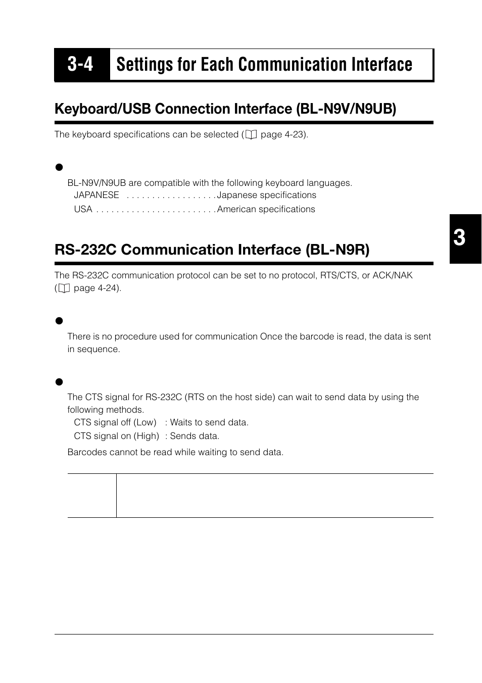 4 settings for each communication interface, Keyboard/usb connection interface (bl-n9v/n9ub), Rs-232c communication interface (bl-n9r) | Settings for each communication interface -11, Settings for each communication interface | KEYENCE BL-N90 Series User Manual | Page 51 / 110