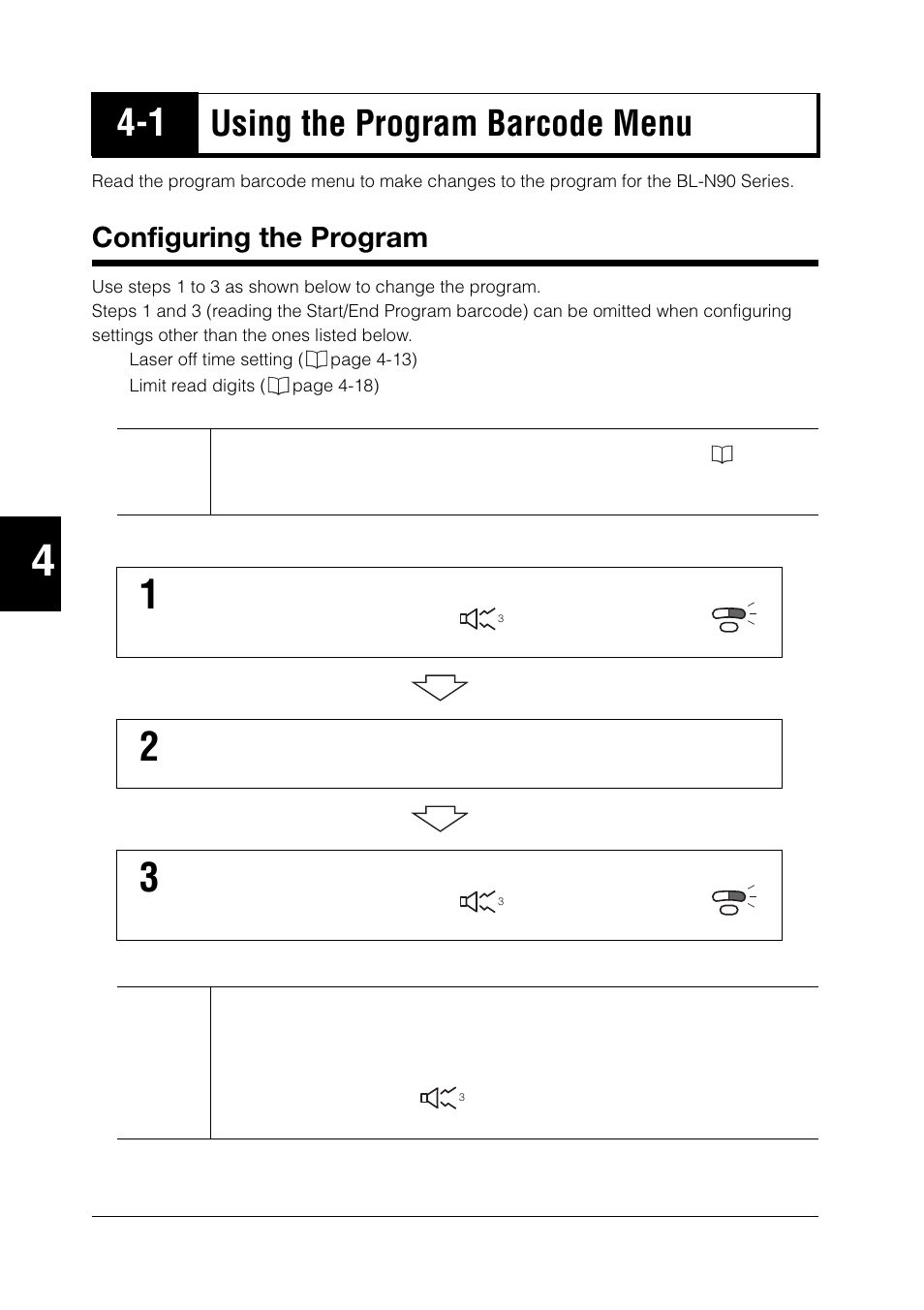 1 using the program barcode menu, Configuring the program, Using the program barcode menu -2 | Configuring the program -2, Using the program barcode menu | KEYENCE BL-N90 Series User Manual | Page 56 / 110