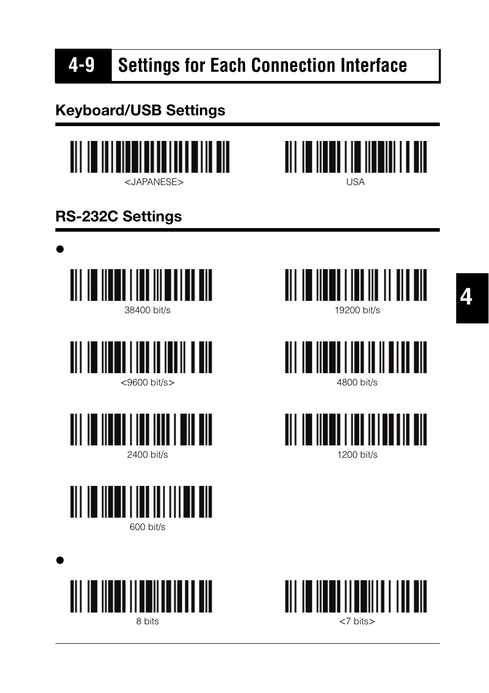 9 settings for each connection interface, Keyboard/usb settings, Rs-232c settings | Settings for each connection interface -23, Keyboard/usb settings -23 rs-232c settings -23, Settings for each connection interface | KEYENCE BL-N90 Series User Manual | Page 77 / 110