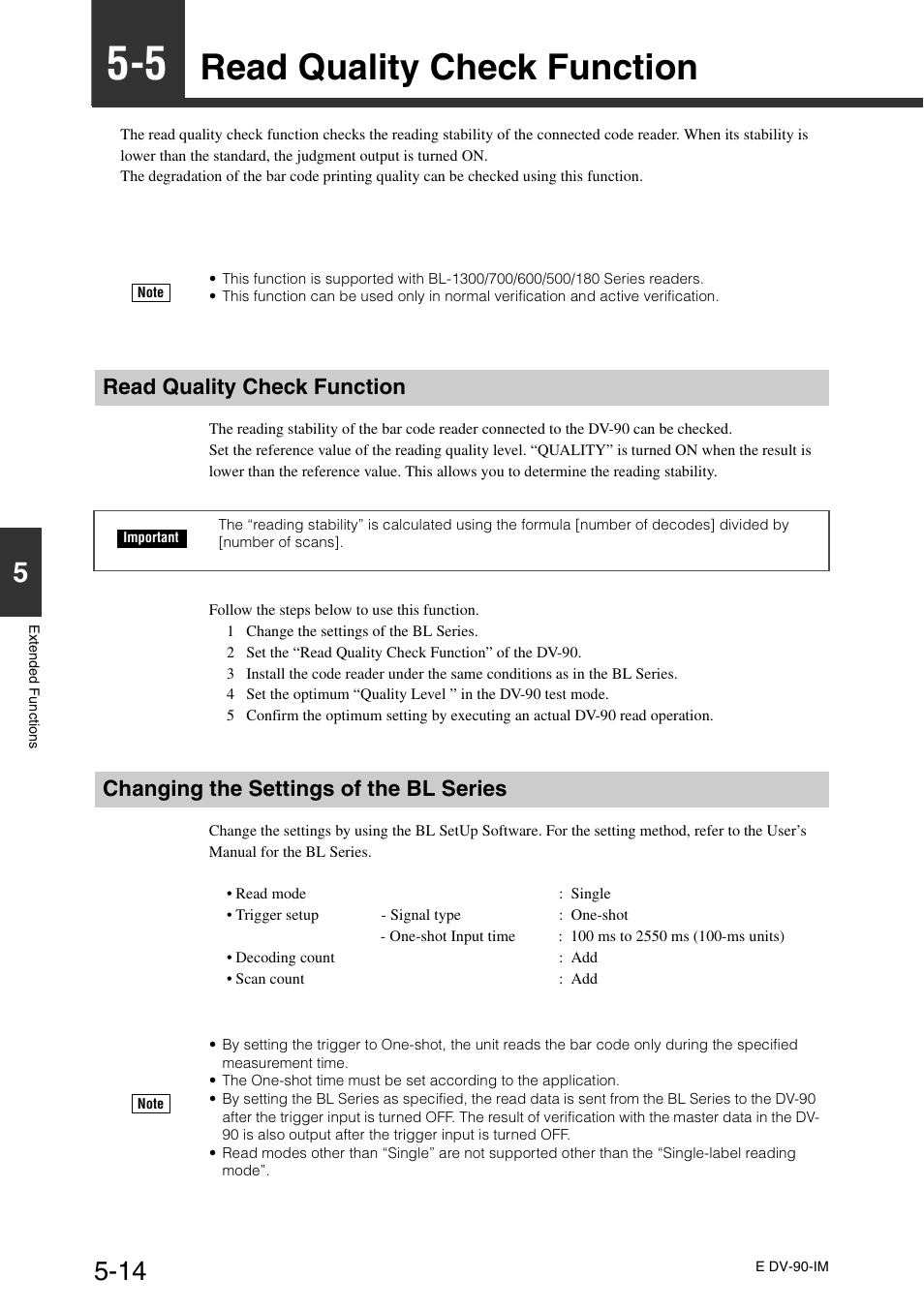 5 read quality check function, Read quality check function, Changing the settings of the bl series | Read quality check function -14 | KEYENCE DV-90 User Manual | Page 112 / 262