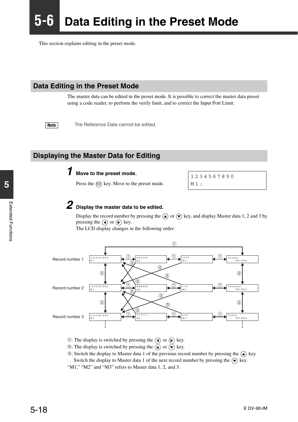 6 data editing in the preset mode, Data editing in the preset mode, Displaying the master data for editing | Data editing in the preset mode -18 | KEYENCE DV-90 User Manual | Page 116 / 262