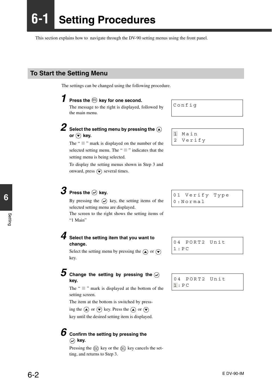 1 setting procedures, To start the setting menu, Setting procedures -2 to start the setting menu -2 | Setting procedures -2, Setting procedures | KEYENCE DV-90 User Manual | Page 126 / 262