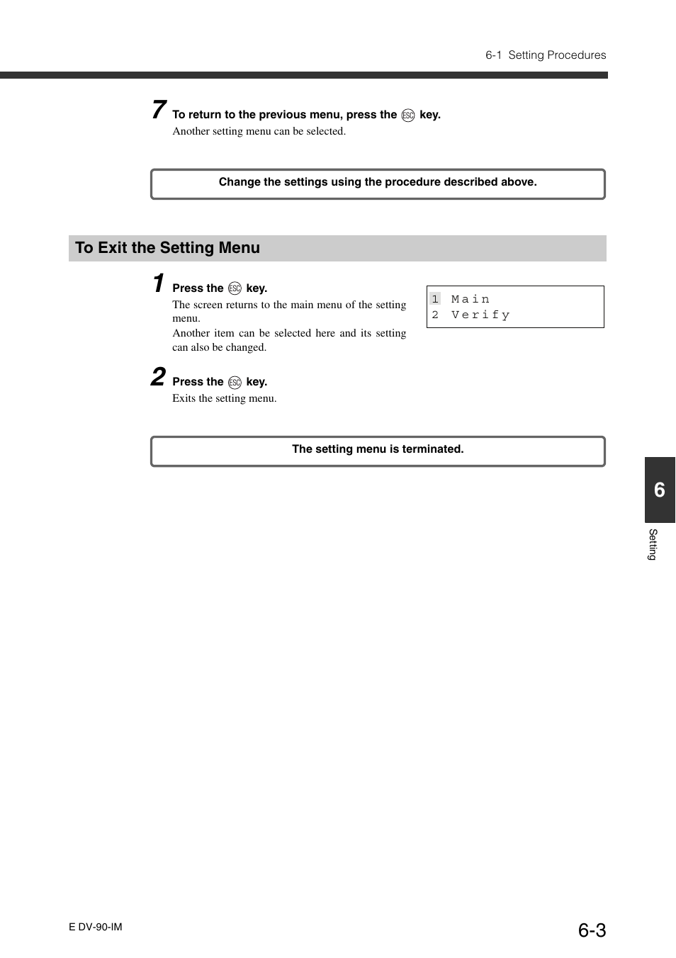 To exit the setting menu, To exit the setting menu -3 | KEYENCE DV-90 User Manual | Page 127 / 262