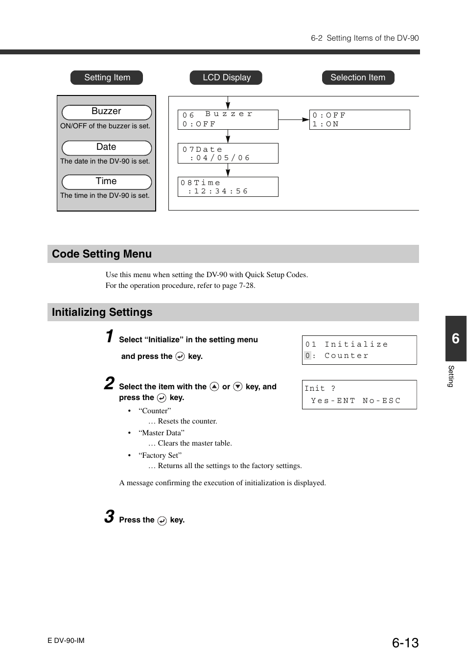 Code setting menu, Initializing settings, Code setting menu -13 initializing settings -13 | KEYENCE DV-90 User Manual | Page 137 / 262