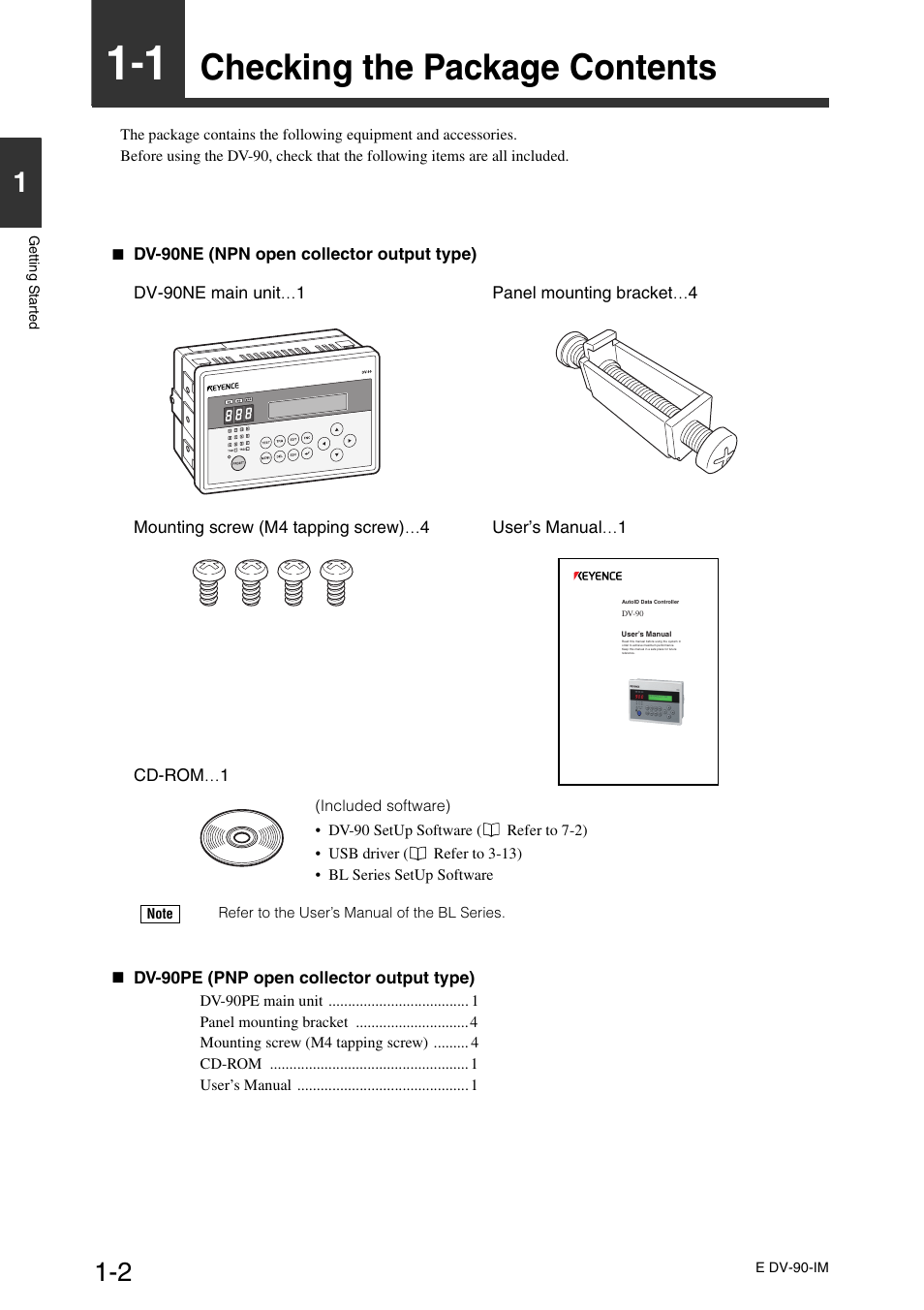 1 checking the package contents, 1 checking the package contents -2, Checking the package contents -2 | Checking the package contents | KEYENCE DV-90 User Manual | Page 14 / 262