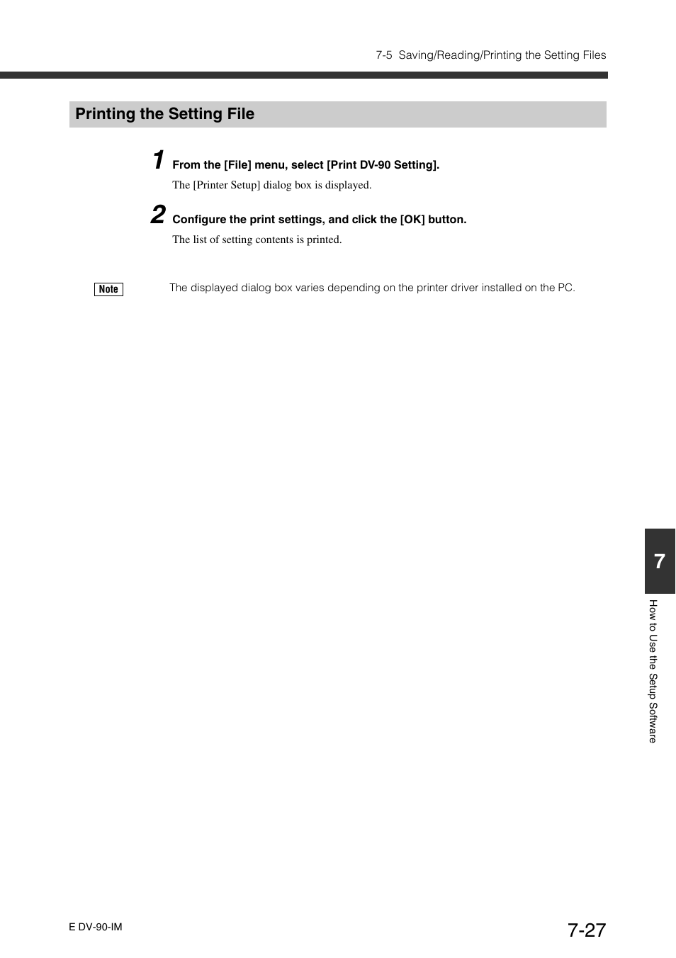 Printing the setting file, Printing the setting file -27 | KEYENCE DV-90 User Manual | Page 165 / 262