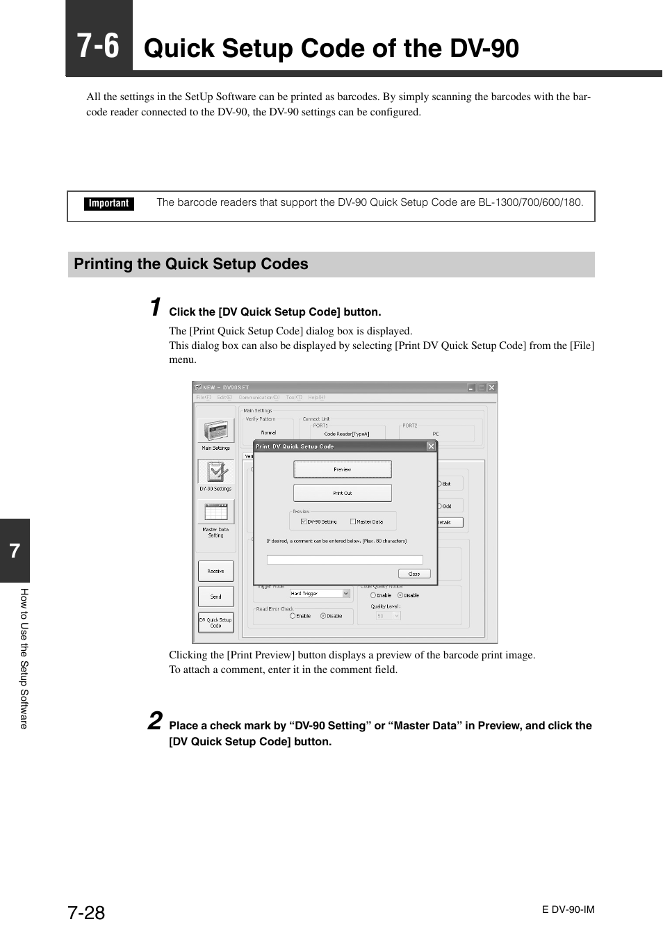 6 quick setup code of the dv-90, Printing the quick setup codes, Quick setup code of the dv-90 -28 | Quick setup code of the dv-90 | KEYENCE DV-90 User Manual | Page 166 / 262