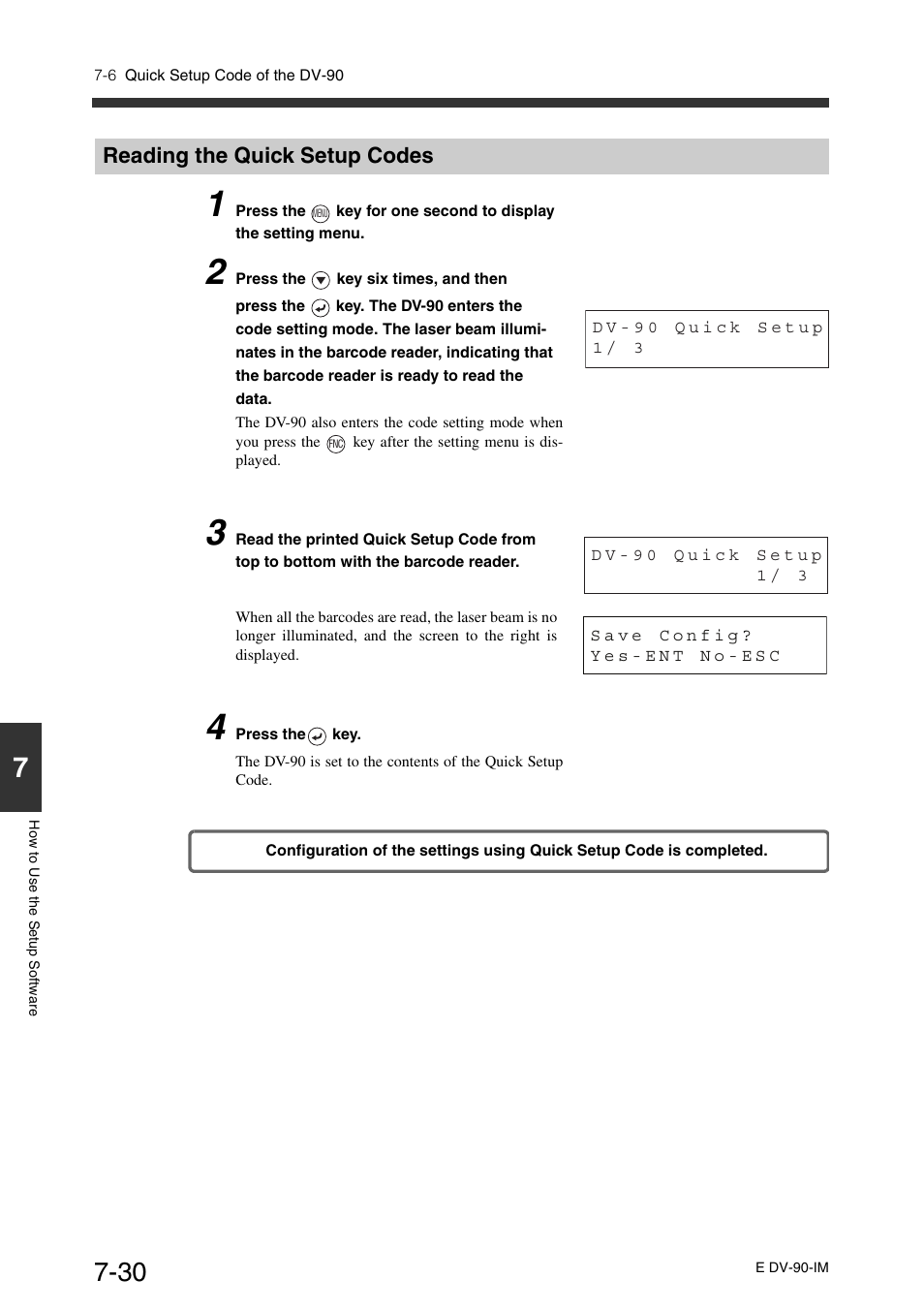 Reading the quick setup codes, Reading the quick setup codes -30 | KEYENCE DV-90 User Manual | Page 168 / 262