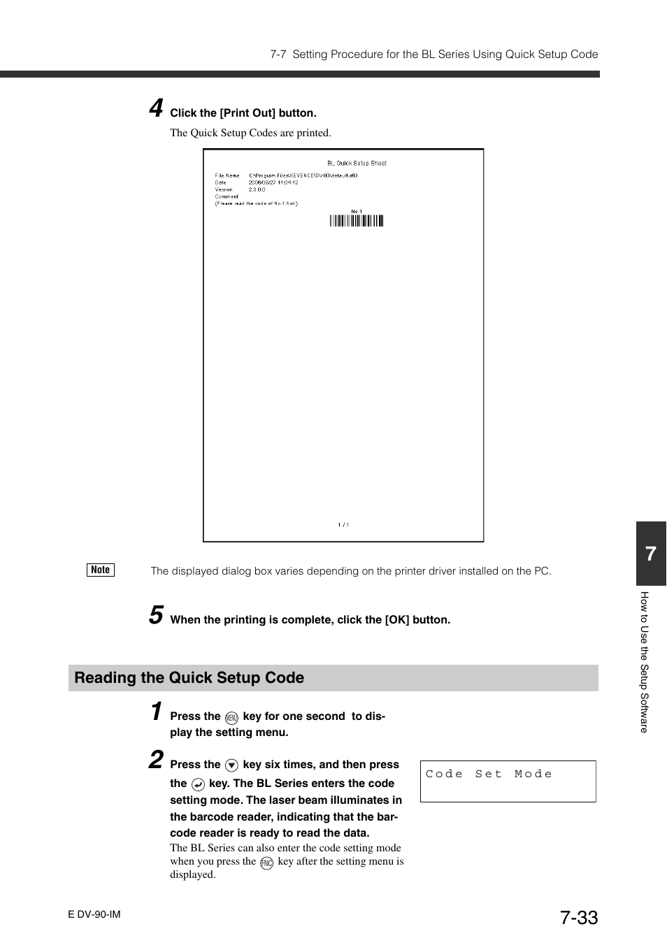 Reading the quick setup code, Reading the quick setup code -33 | KEYENCE DV-90 User Manual | Page 171 / 262