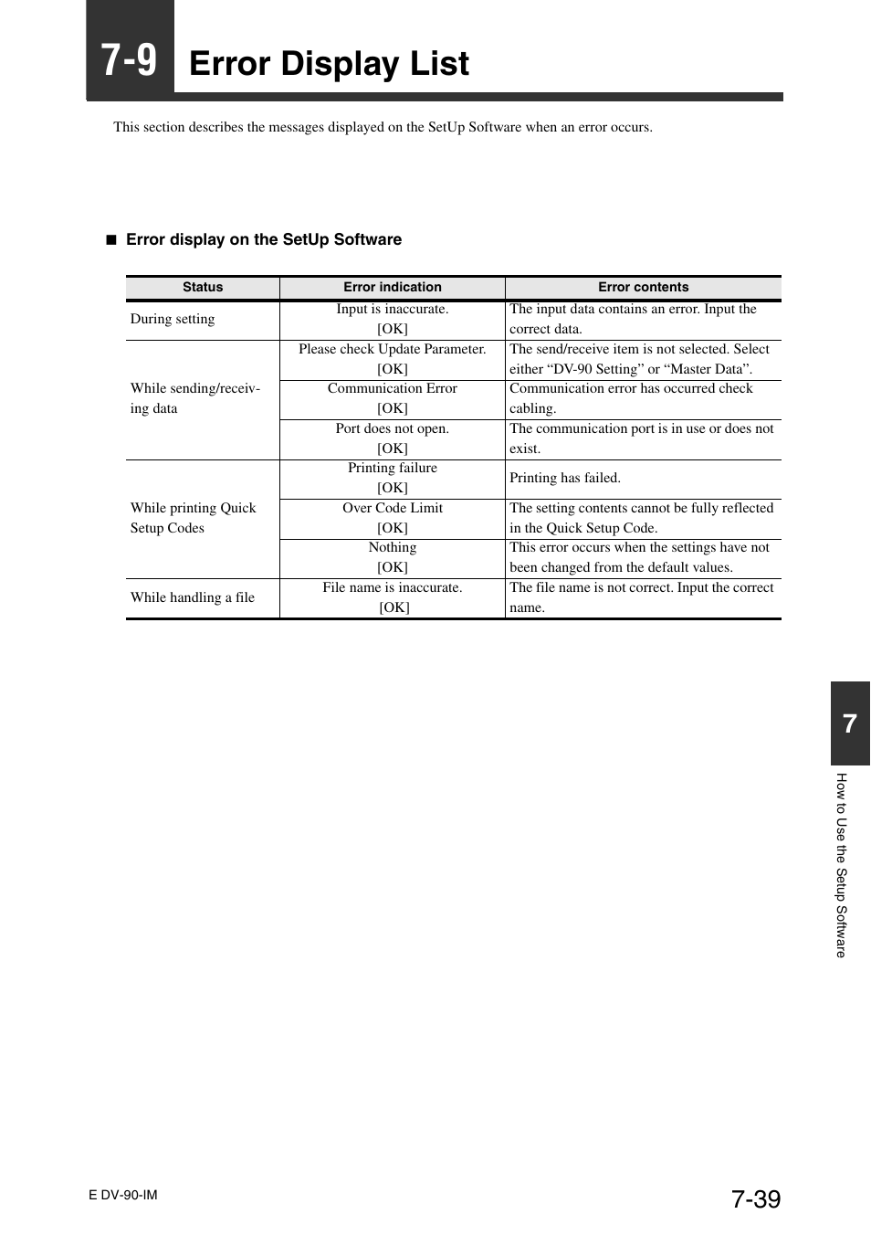 9 error display list, Error display list -39, Error display list | KEYENCE DV-90 User Manual | Page 177 / 262