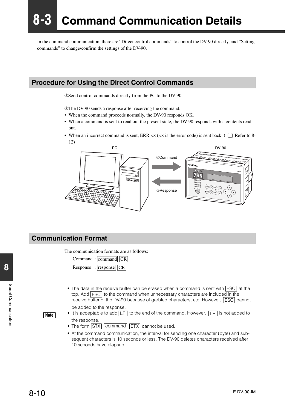 3 command communication details, Procedure for using the direct control commands, Communication format | Command communication details -10, Command communication details | KEYENCE DV-90 User Manual | Page 188 / 262