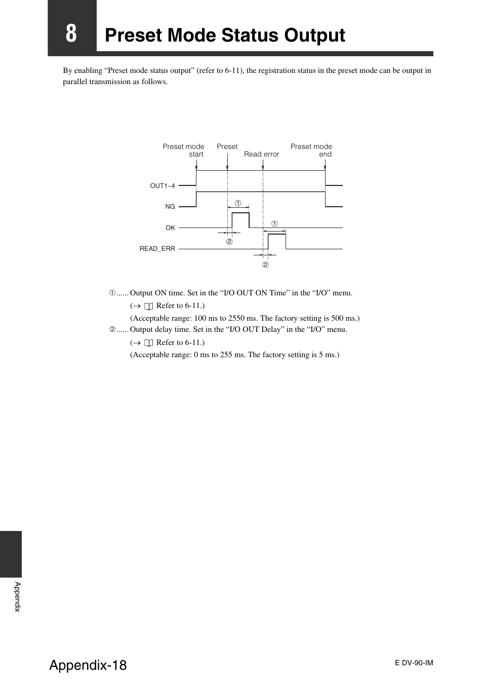 8 preset mode status output, Preset mode status output, Appendix-18 | KEYENCE DV-90 User Manual | Page 254 / 262