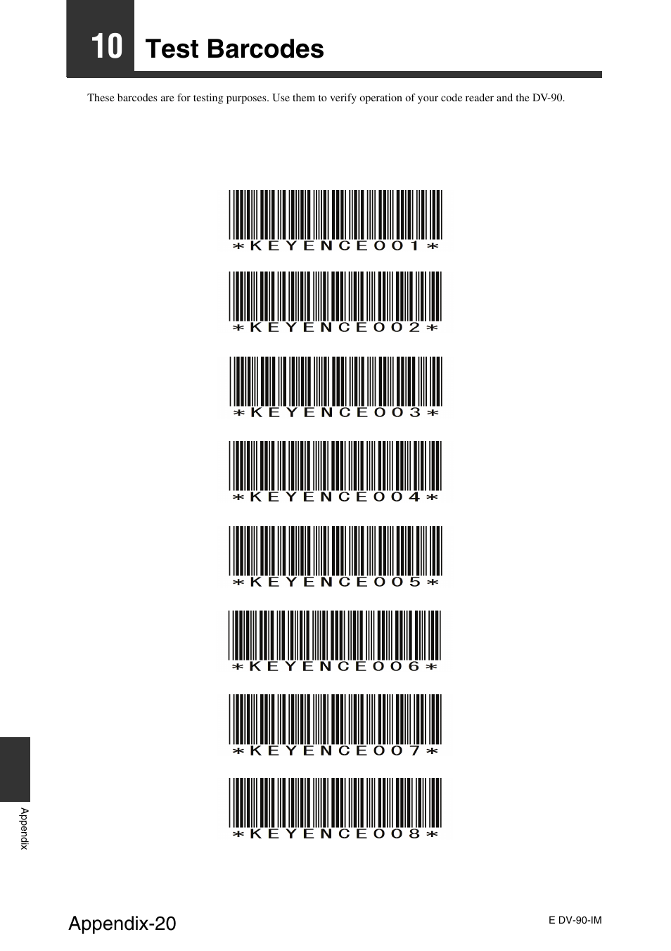 10 test barcodes, Test barcodes | KEYENCE DV-90 User Manual | Page 256 / 262