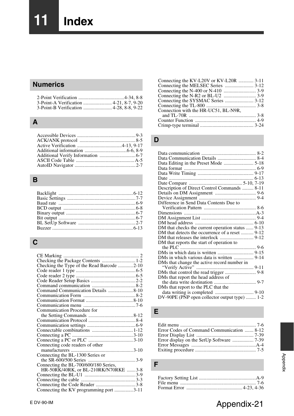 11 index, Index, Appendix-21 | Numerics | KEYENCE DV-90 User Manual | Page 257 / 262