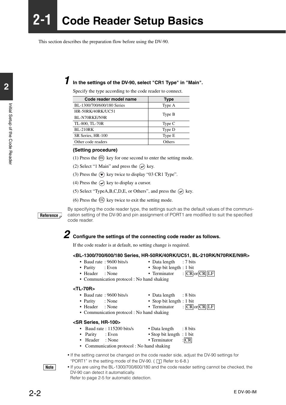 1 code reader setup basics, Code reader setup basics -2, Code reader setup basics | KEYENCE DV-90 User Manual | Page 26 / 262