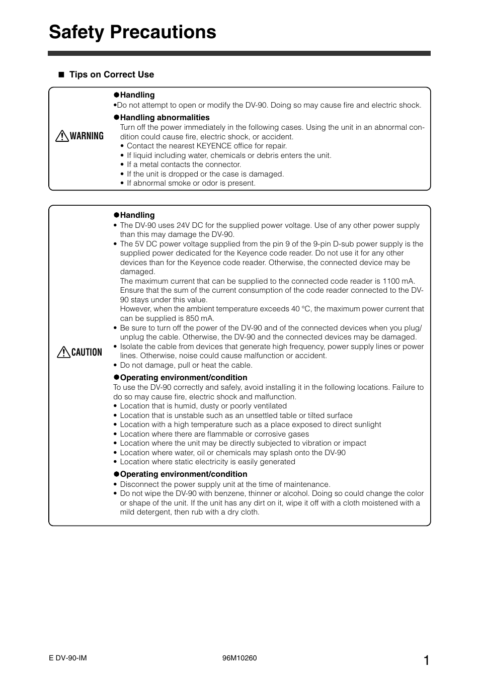 Safety precautions | KEYENCE DV-90 User Manual | Page 3 / 262