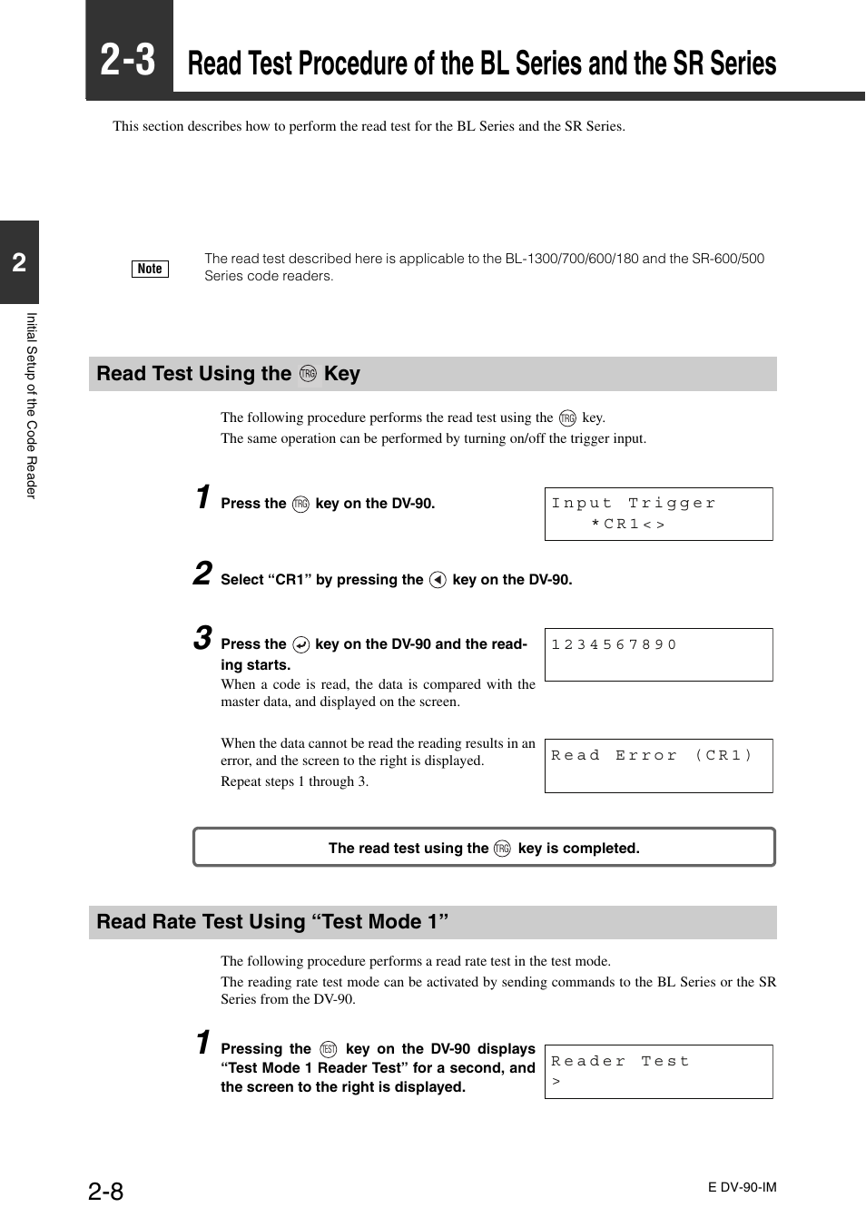 Read test using the key, Read rate test using “test mode 1, Key -8 | Read rate test using “test mode 1” -8 | KEYENCE DV-90 User Manual | Page 32 / 262