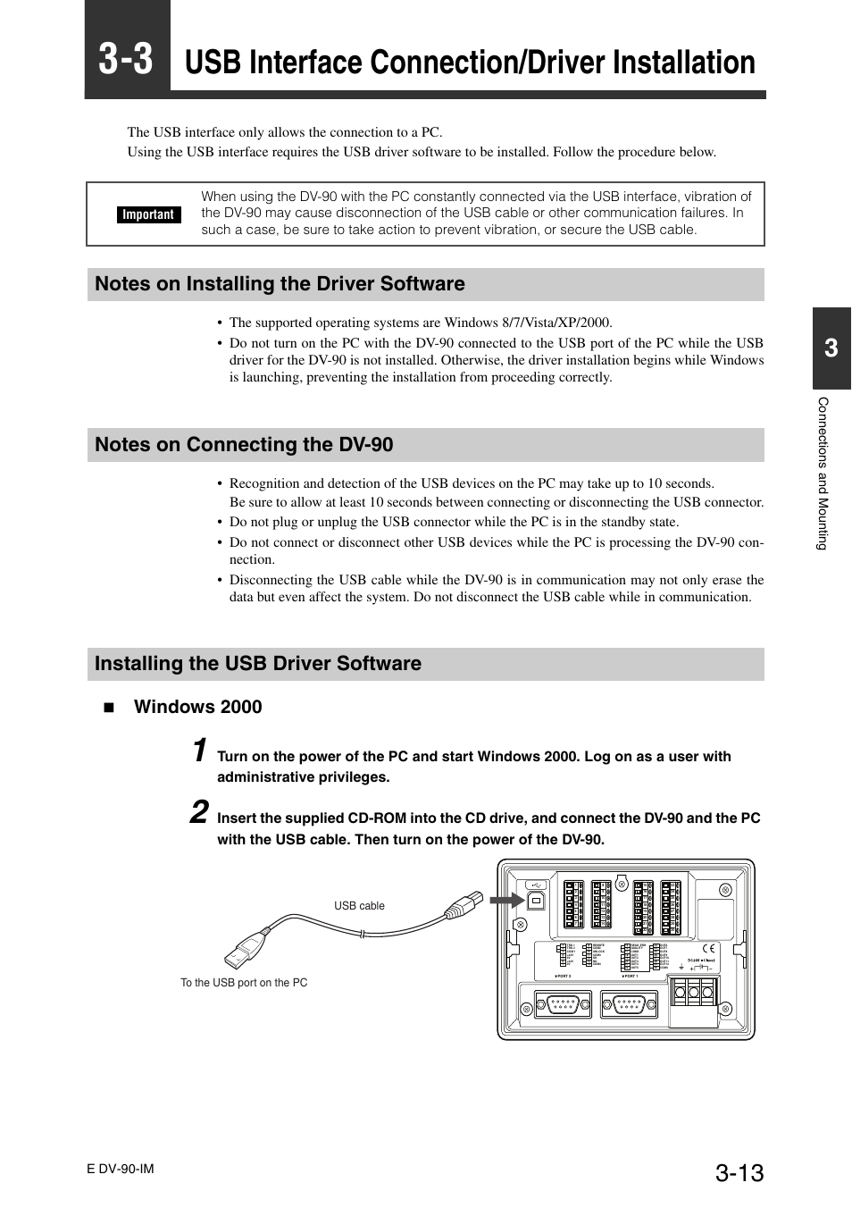 3 usb interface connection/driver installation, Notes on installing the driver software, Notes on connecting the dv-90 | Installing the usb driver software, Usb interface connection/driver installation -13, Usb interface connection/driver installation, Windows 2000 | KEYENCE DV-90 User Manual | Page 47 / 262