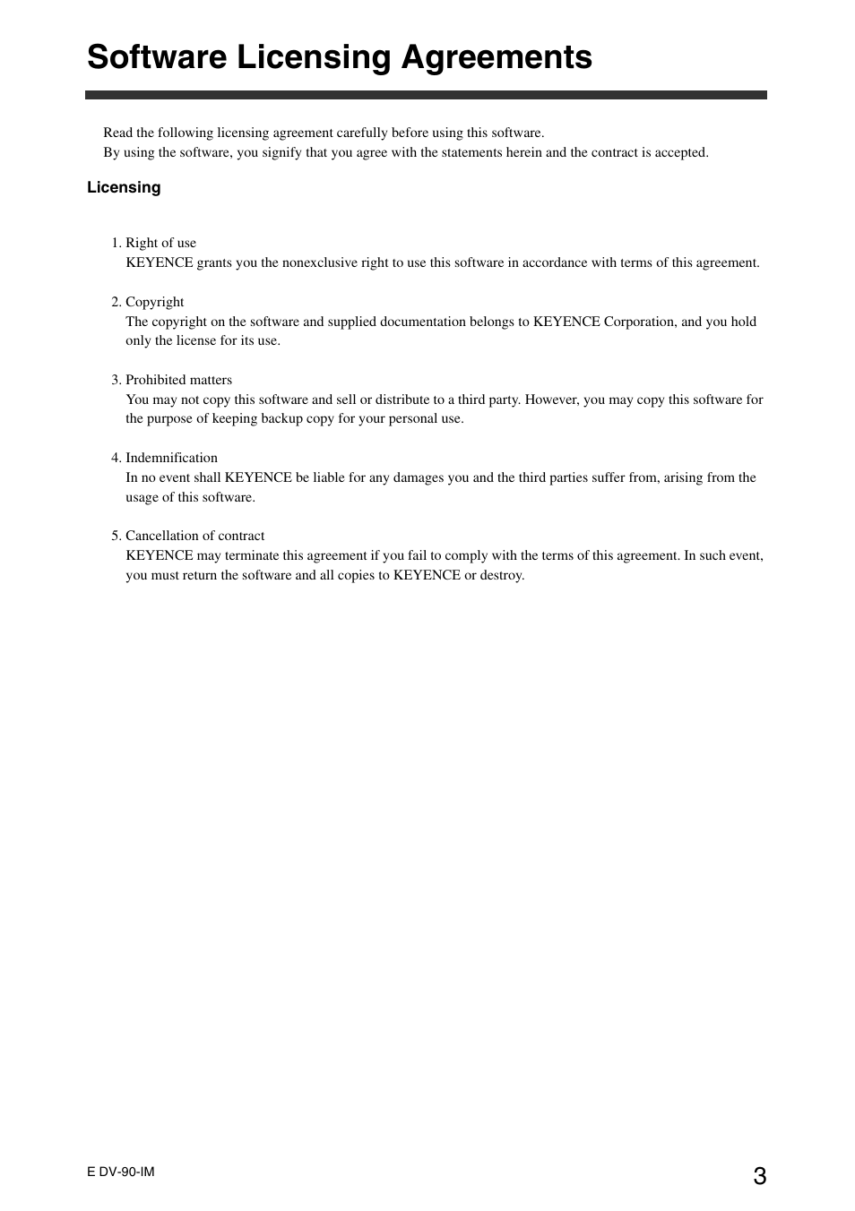 Software licensing agreements | KEYENCE DV-90 User Manual | Page 5 / 262